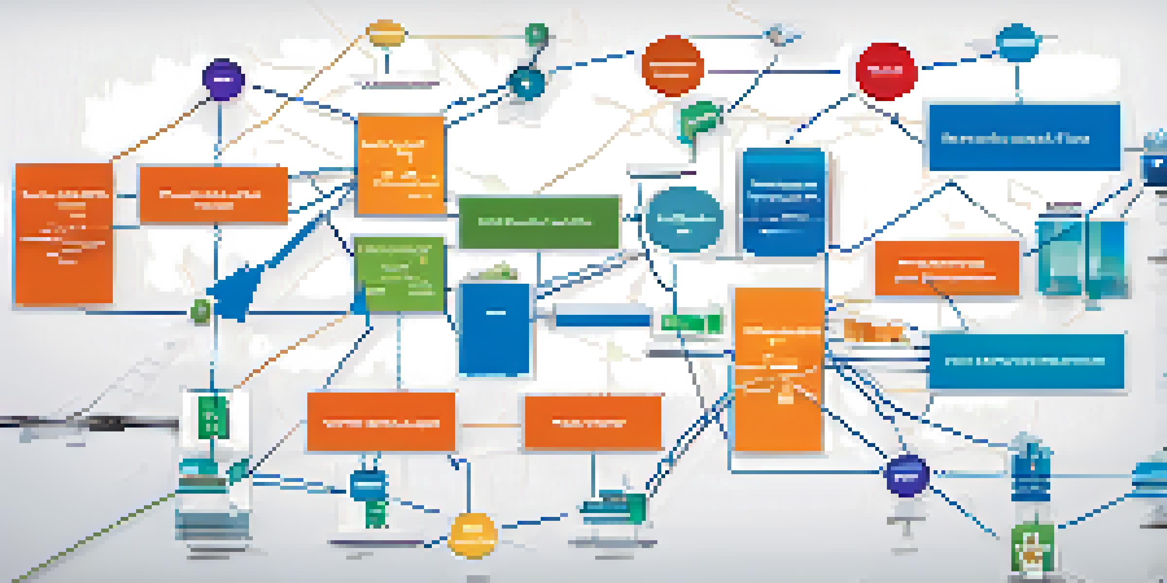 A close-up of a colorful supply chain network diagram showing interconnected businesses and flow of materials.