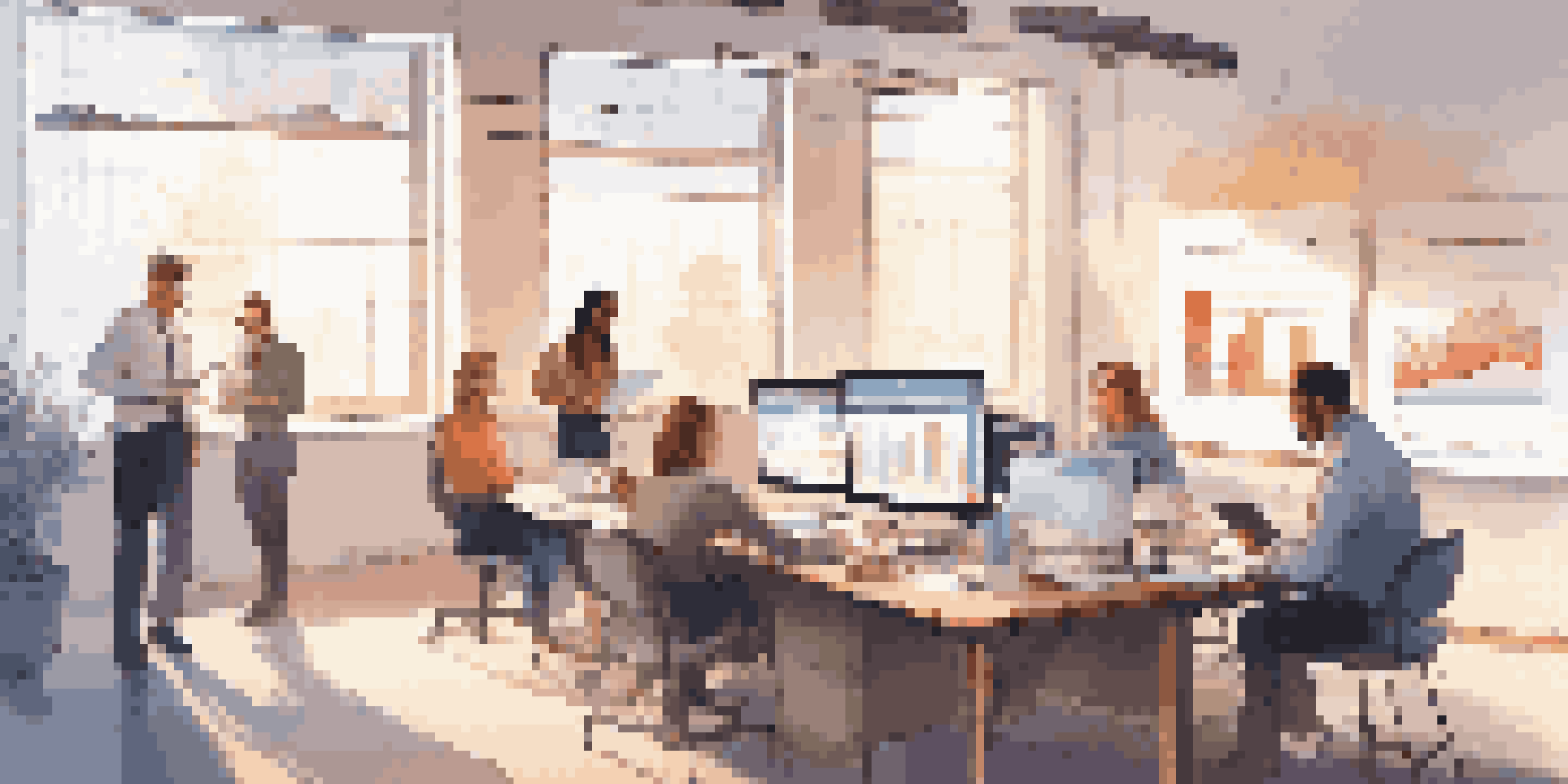 A startup team analyzing financial data in a sunny office with graphs on a whiteboard.