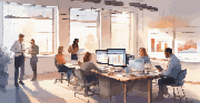 A startup team analyzing financial data in a sunny office with graphs on a whiteboard.