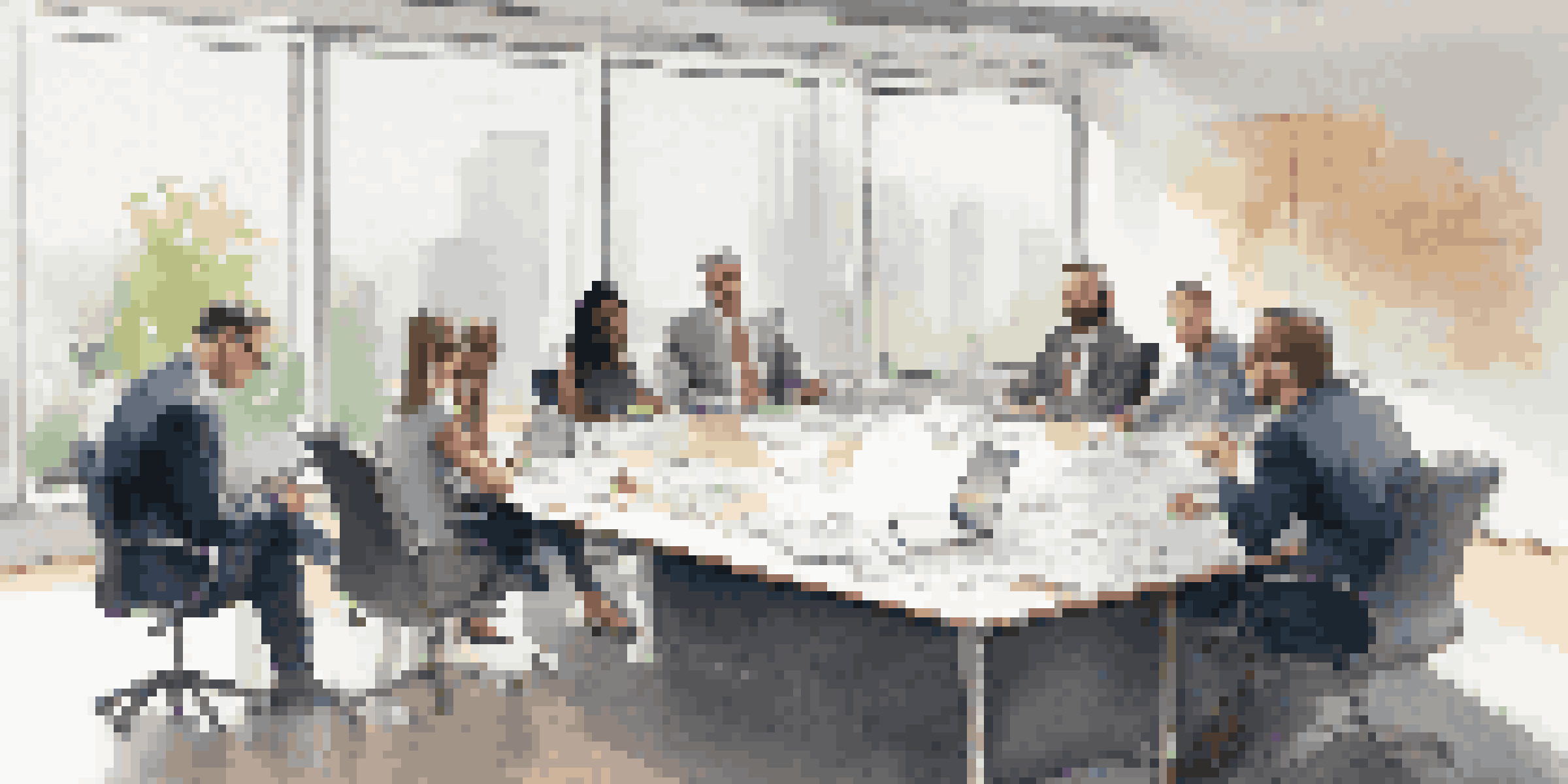 A group of diverse professionals engaged in a serious negotiation around a conference table, with natural light illuminating the room.