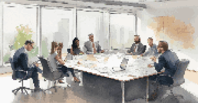 A group of diverse professionals engaged in a serious negotiation around a conference table, with natural light illuminating the room.