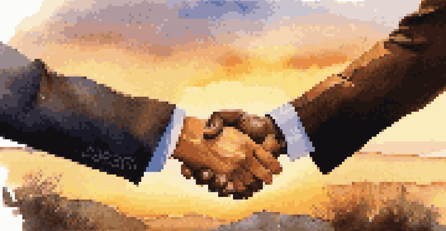 Two business partners shaking hands outdoors during sunset, symbolizing trust and partnership.