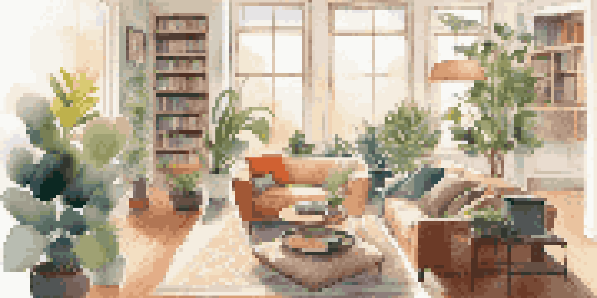 A person using a smartphone to place a voice order in a cozy living room with a smart speaker on the coffee table, surrounded by plants and warm lighting.