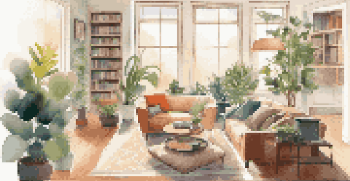 A person using a smartphone to place a voice order in a cozy living room with a smart speaker on the coffee table, surrounded by plants and warm lighting.