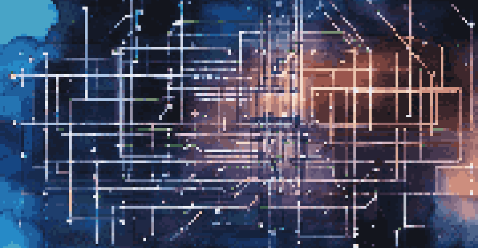 An abstract illustration of blockchain technology with interconnected blocks and glowing lines against a deep blue and black background.