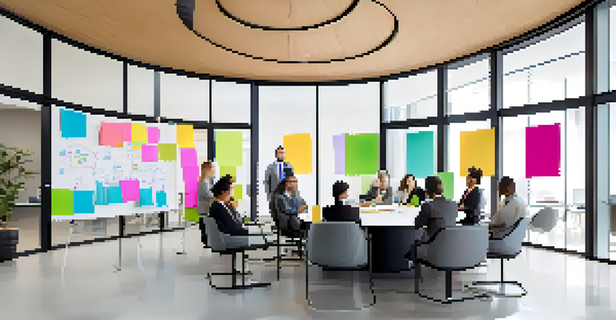 A diverse group of professionals in a meeting room discussing a Business Model Canvas on a whiteboard, with a large round table and natural light from glass walls.