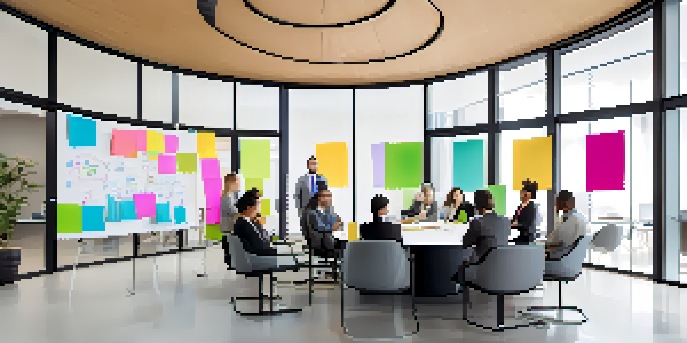 A diverse group of professionals in a meeting room discussing a Business Model Canvas on a whiteboard, with a large round table and natural light from glass walls.