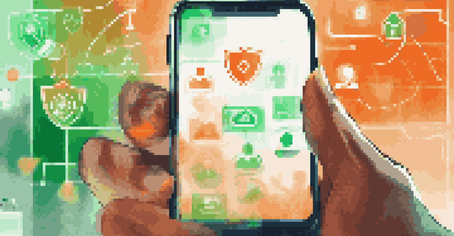 A close-up of a person using a smartphone with digital symbols of data protection overlaid.