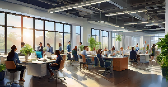 A lively office environment with employees of various backgrounds working together around a conference table, bright sunlight coming through windows, and greenery in the decor.
