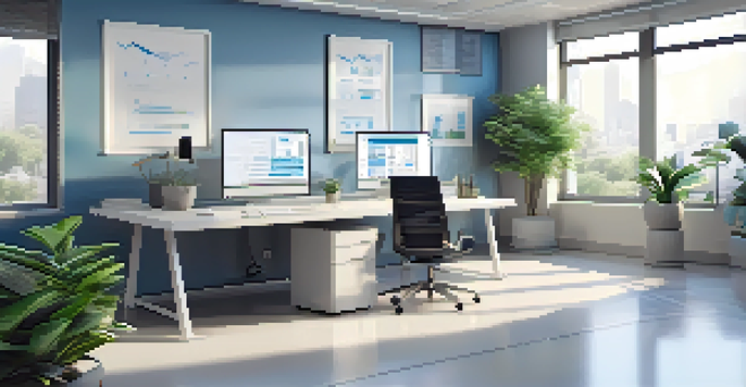 A contemporary office with dual monitors showing automated workflows, a potted plant, and bright natural light coming through a large window.