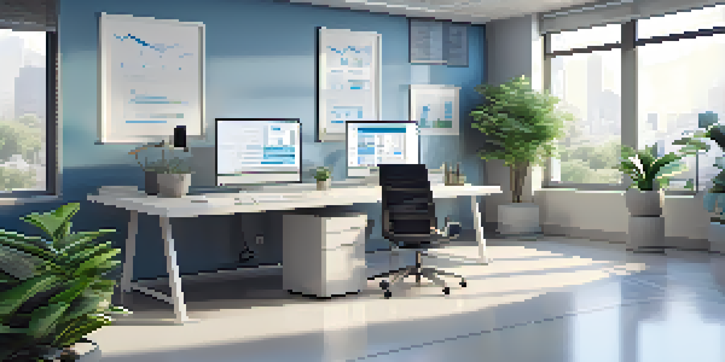 A contemporary office with dual monitors showing automated workflows, a potted plant, and bright natural light coming through a large window.
