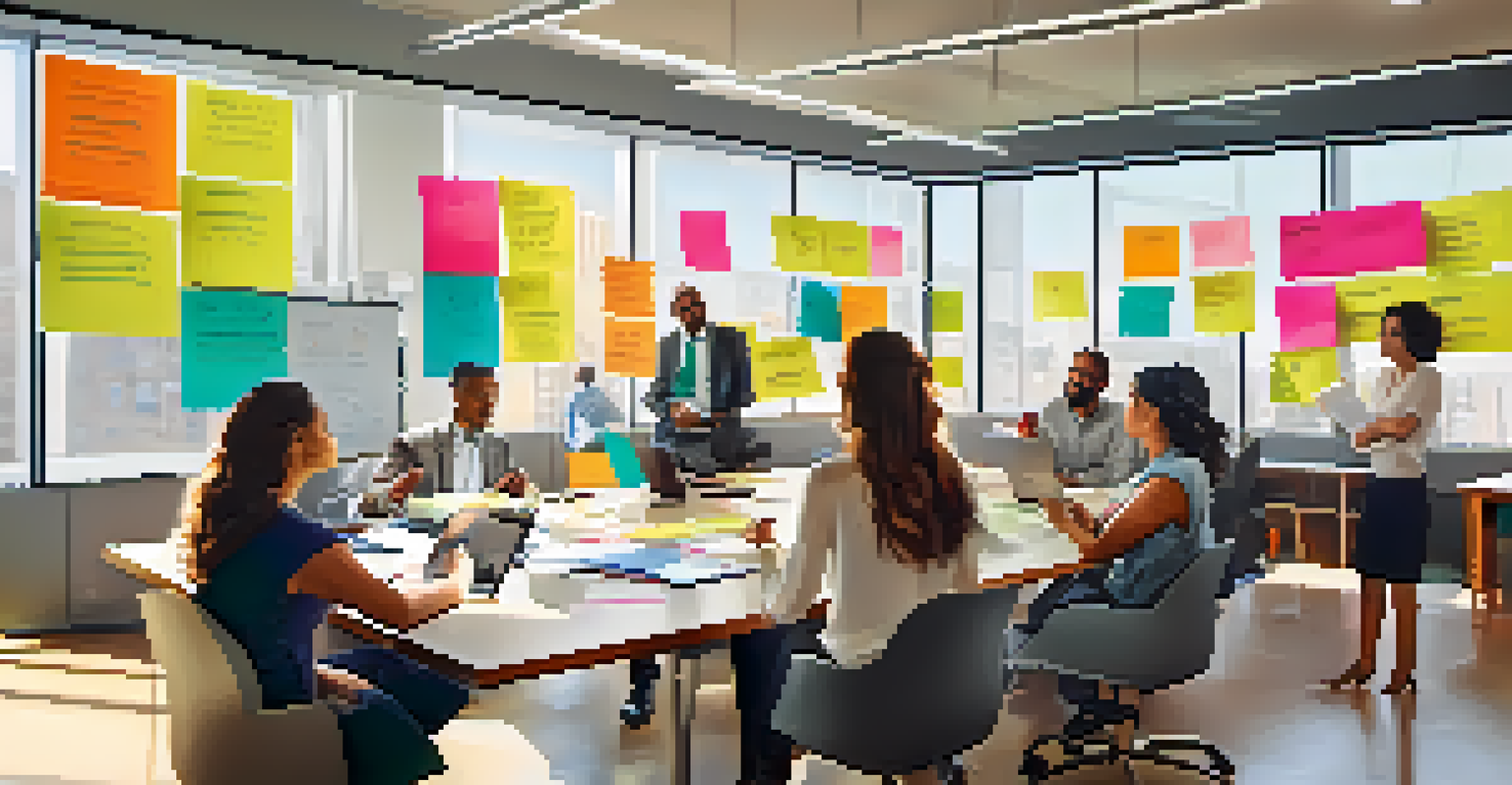 A diverse group of employees collaborating in a bright office meeting room filled with natural light and colorful notes.