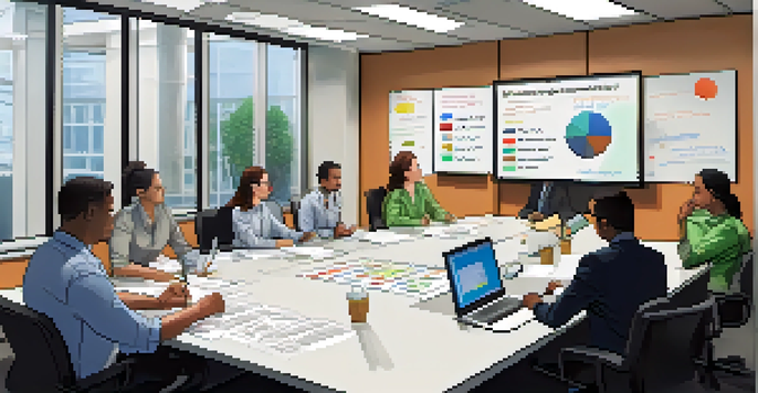 A diverse team in an office discussing an incident response plan with a colorful whiteboard.