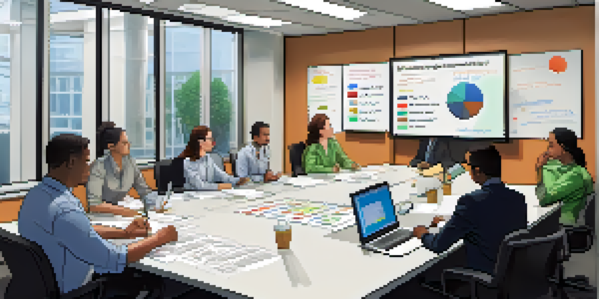 A diverse team in an office discussing an incident response plan with a colorful whiteboard.