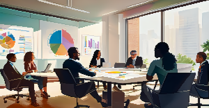 A diverse group of professionals in a meeting, collaborating around a conference table with documents and laptops.