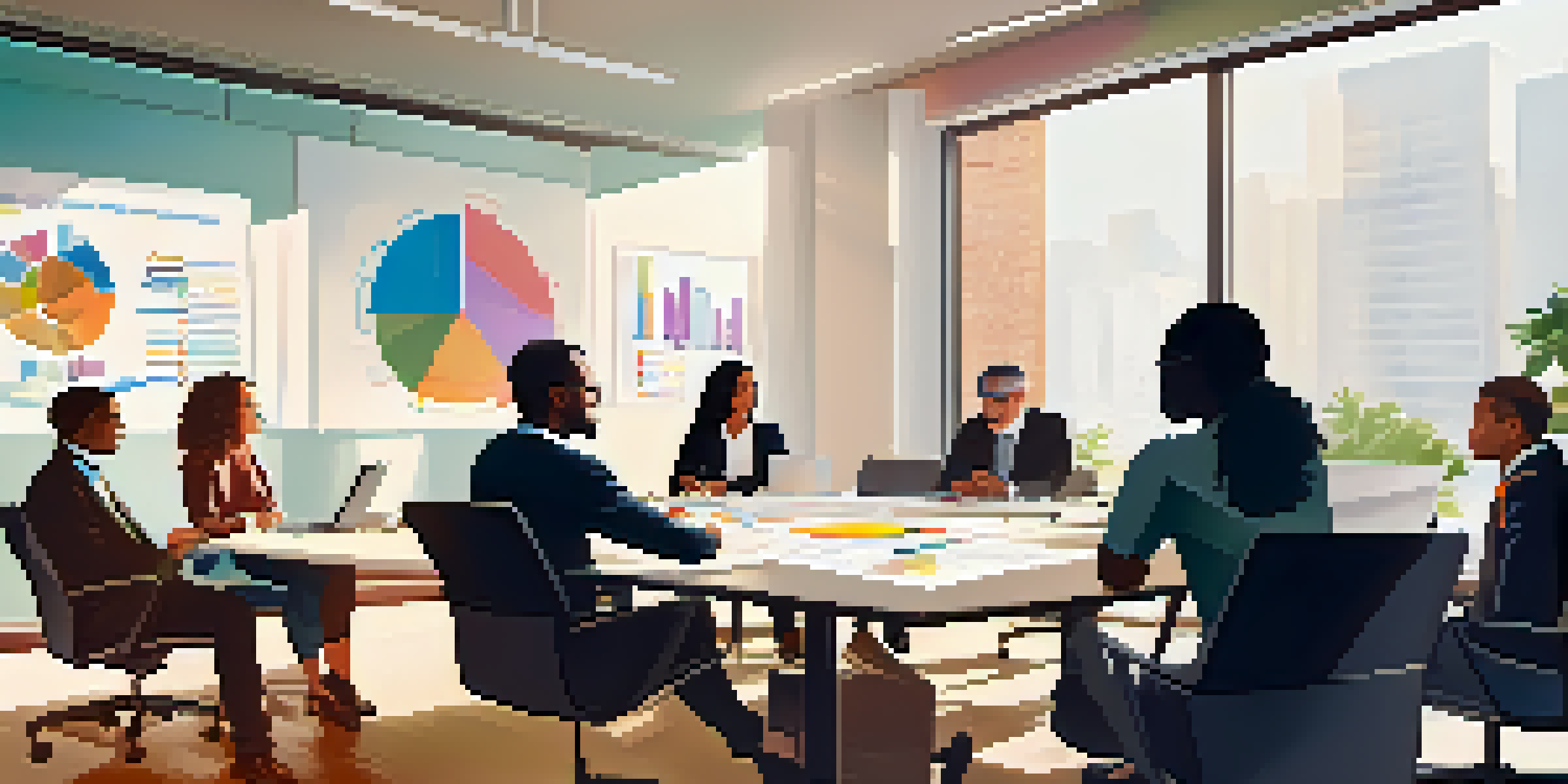 A diverse group of professionals in a meeting, collaborating around a conference table with documents and laptops.