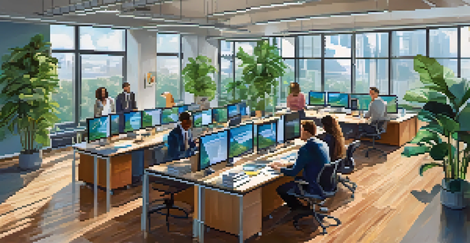 A diverse group of professionals working together in a modern office setting, surrounded by natural light and plants, discussing supply chain strategies.