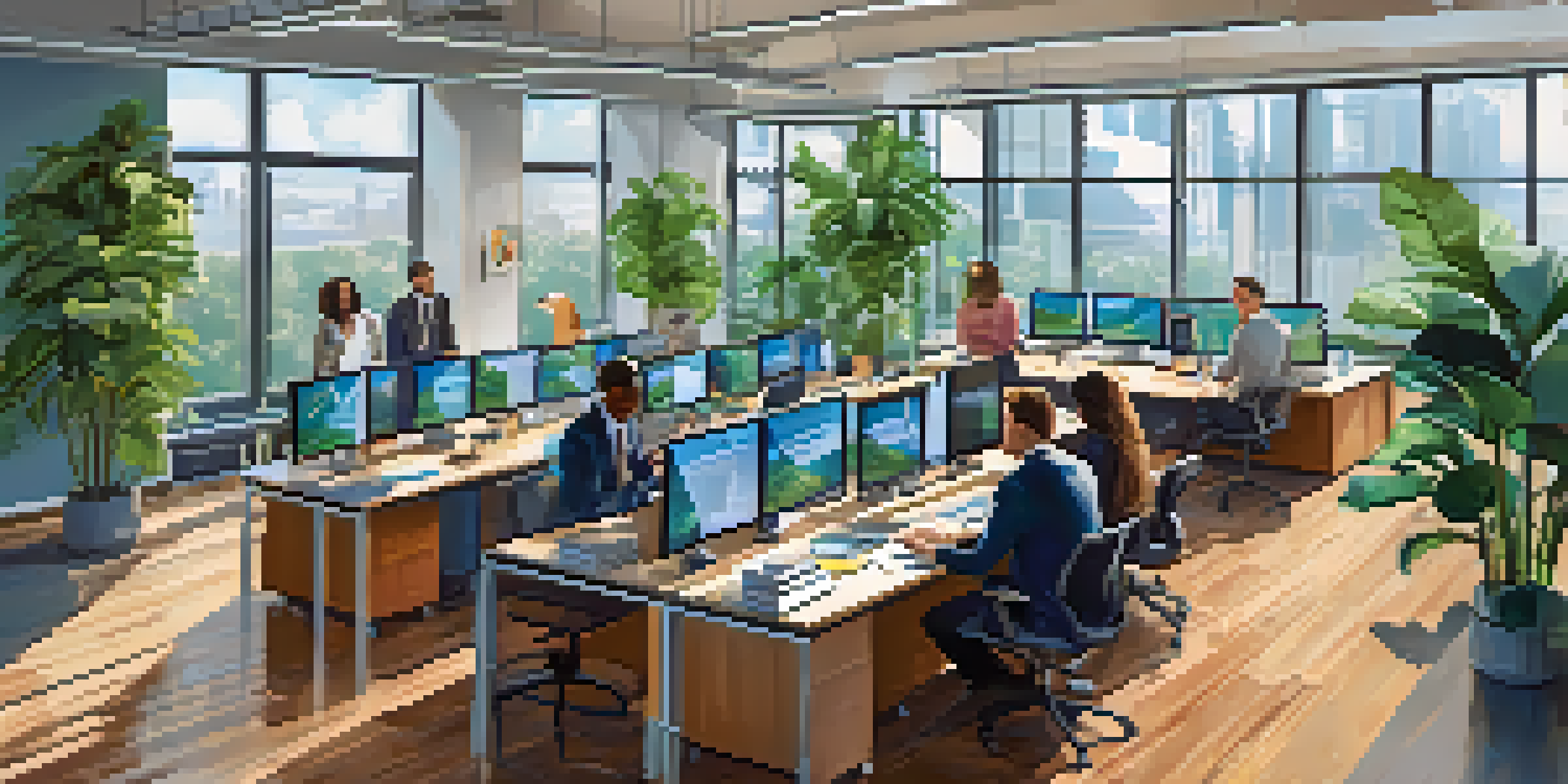 A diverse group of professionals working together in a modern office setting, surrounded by natural light and plants, discussing supply chain strategies.