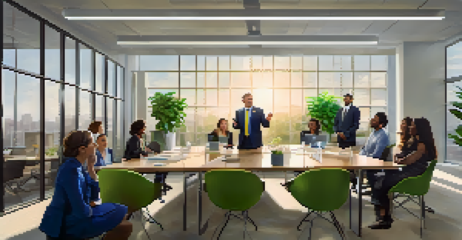 A leader motivating a group of employees in a bright, modern office space.
