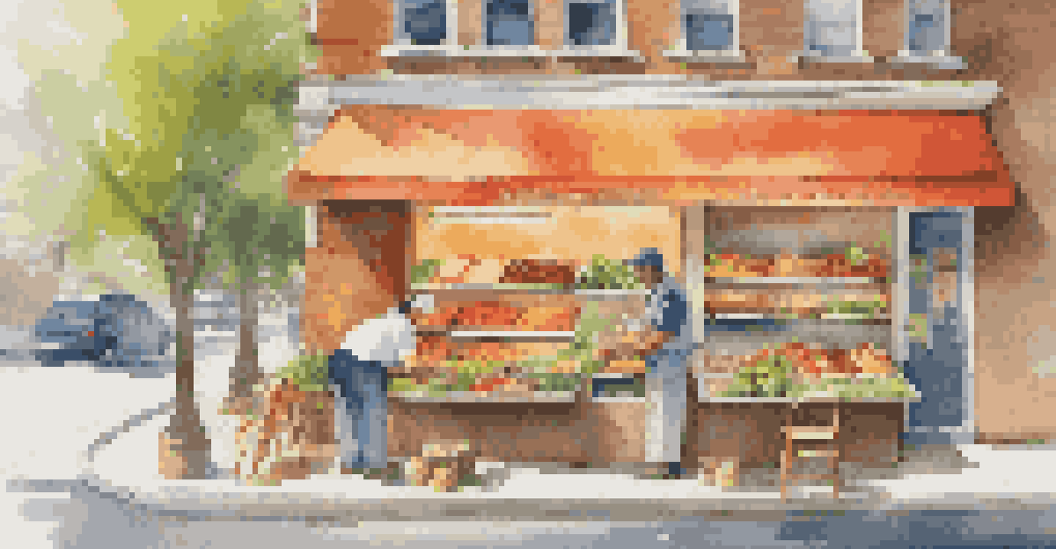 A Subway shop with a franchisee making a sandwich using fresh ingredients in a sunny outdoor setting.