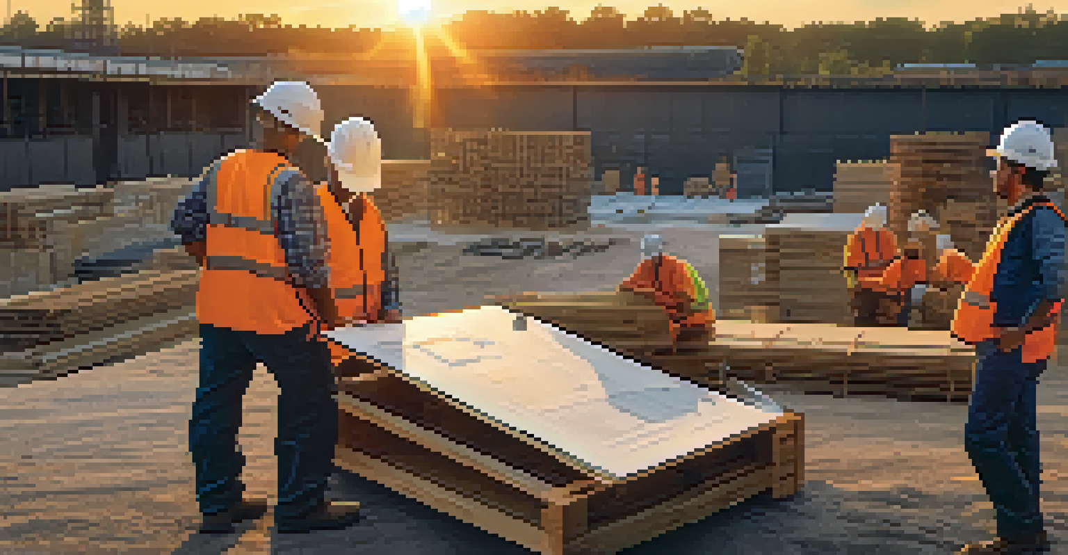 Workers at a construction site discussing plans with safety gear and blueprints in the foreground.