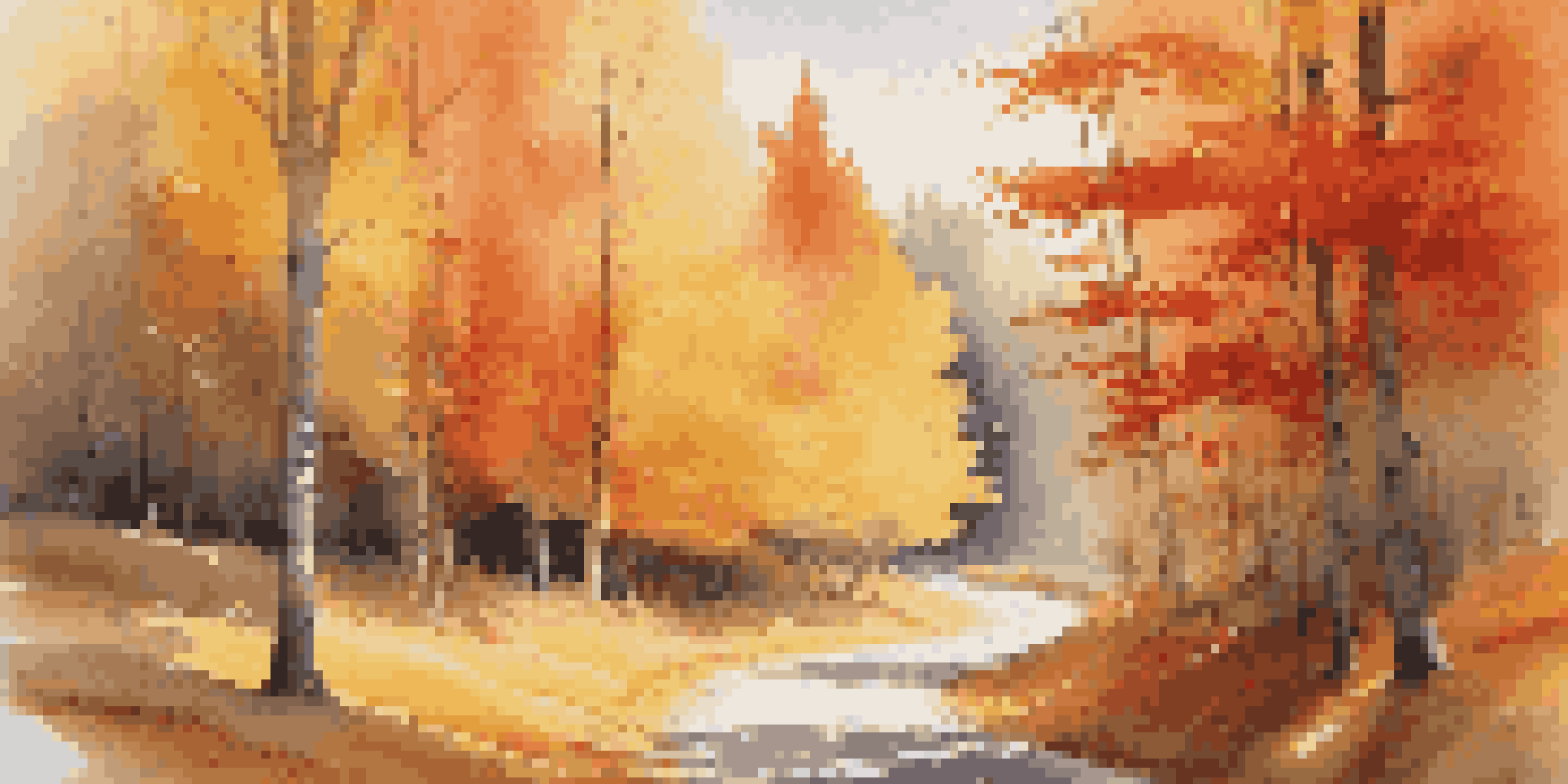 A winding road through an autumn forest with colorful trees and a small cabin in the distance, illuminated by soft sunlight.