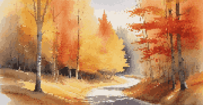 A winding road through an autumn forest with colorful trees and a small cabin in the distance, illuminated by soft sunlight.