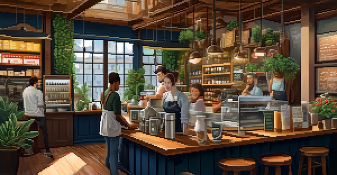 A busy coffee shop with a barista making latte art, customers chatting, and a warm, inviting interior.