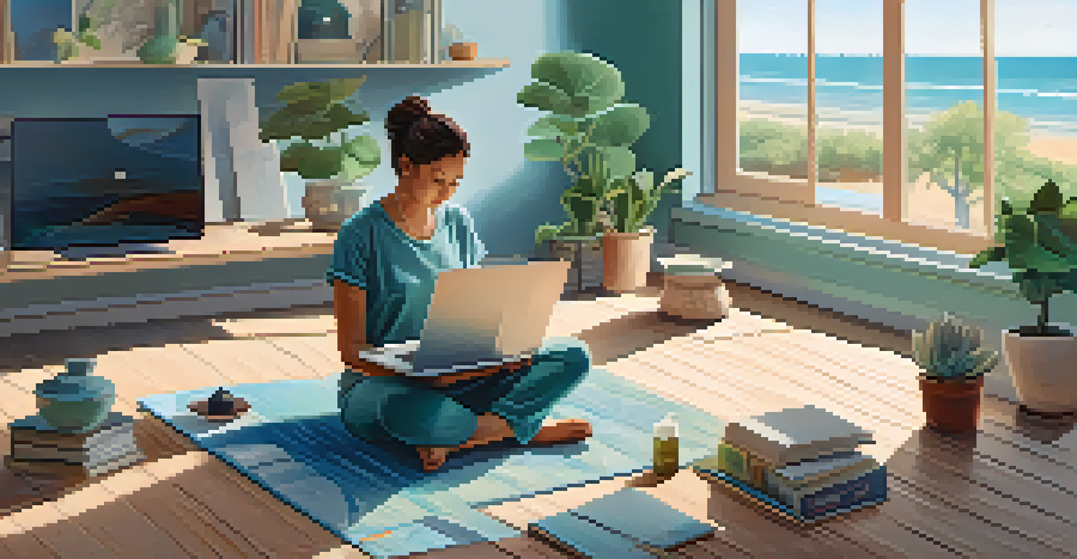 An illustration showing a remote worker balancing leisure activities and work elements in a serene environment.
