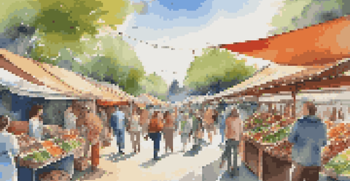 A lively marketplace showcasing eco-friendly products with sustainability certifications, surrounded by shoppers and greenery.