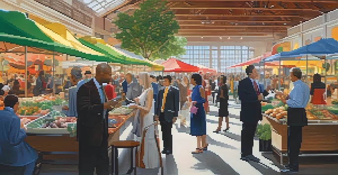 A diverse group of business professionals collaborating in a vibrant marketplace filled with stalls showcasing innovative products.