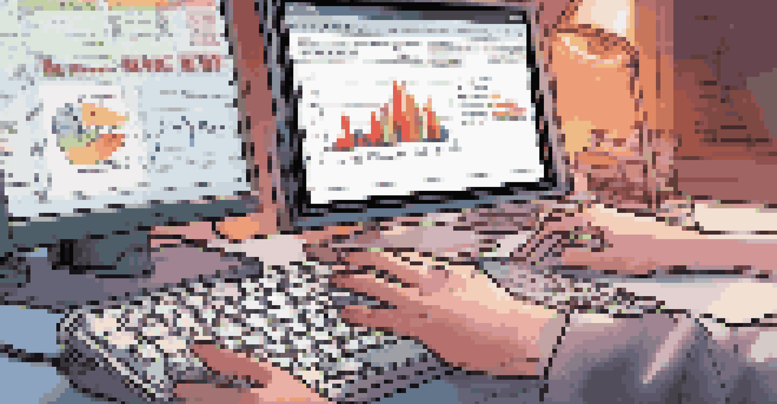 Close-up of hands on a keyboard, analyzing colorful financial graphs on a computer screen, with a notepad and smartphone in the foreground.