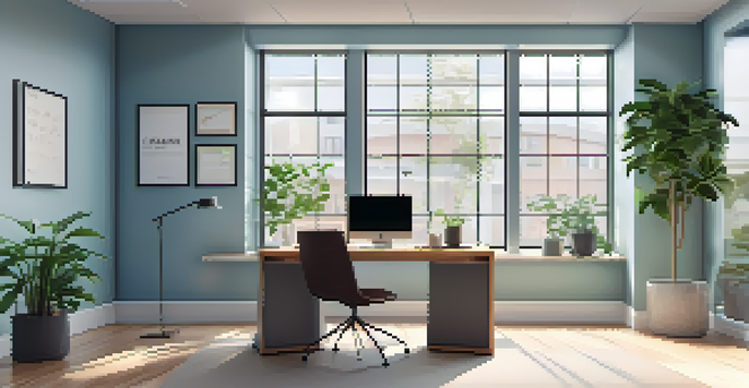 A bright and modern office space filled with natural light, featuring a desk with a laptop and a potted plant.