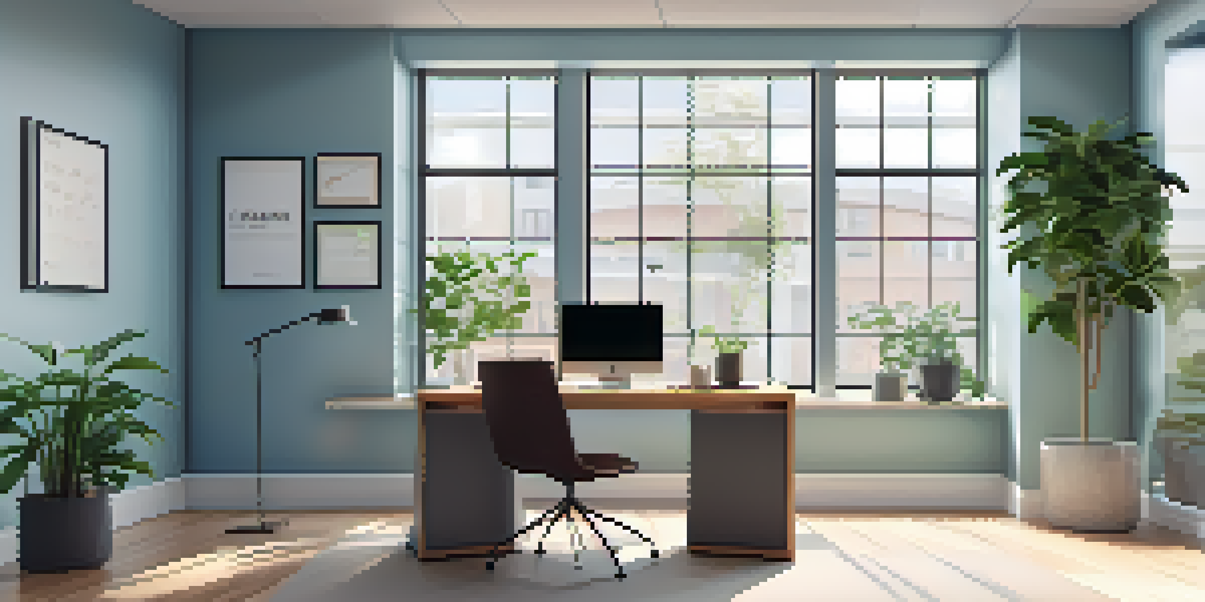 A bright and modern office space filled with natural light, featuring a desk with a laptop and a potted plant.