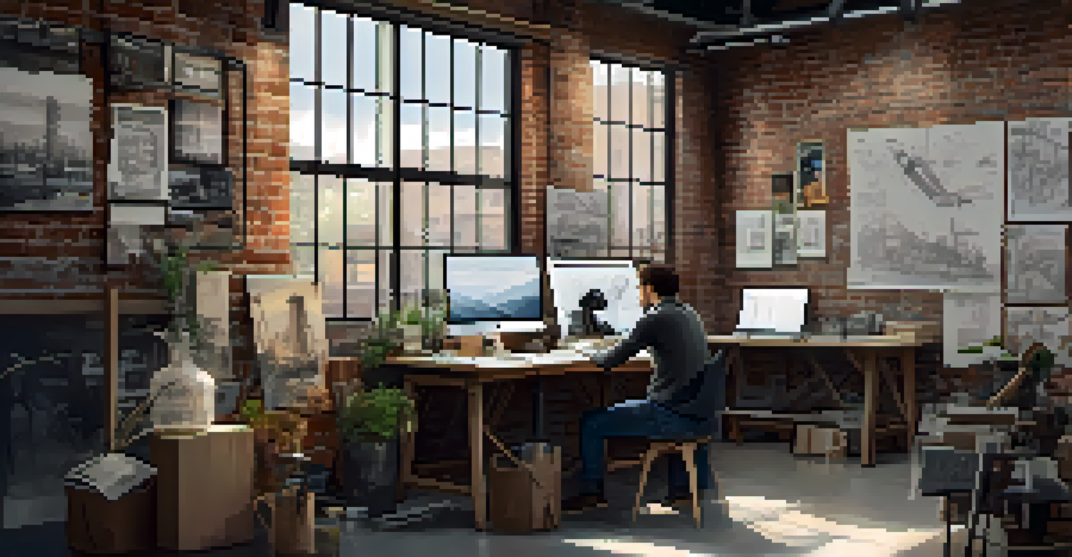 An entrepreneur at a desk filled with sketches and prototypes, working on a laptop in a bright, industrial-style workspace.