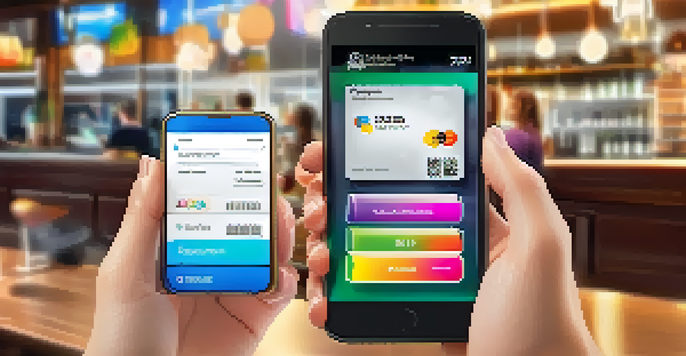 A smartphone screen showing a mobile payment app in a vibrant café environment.
