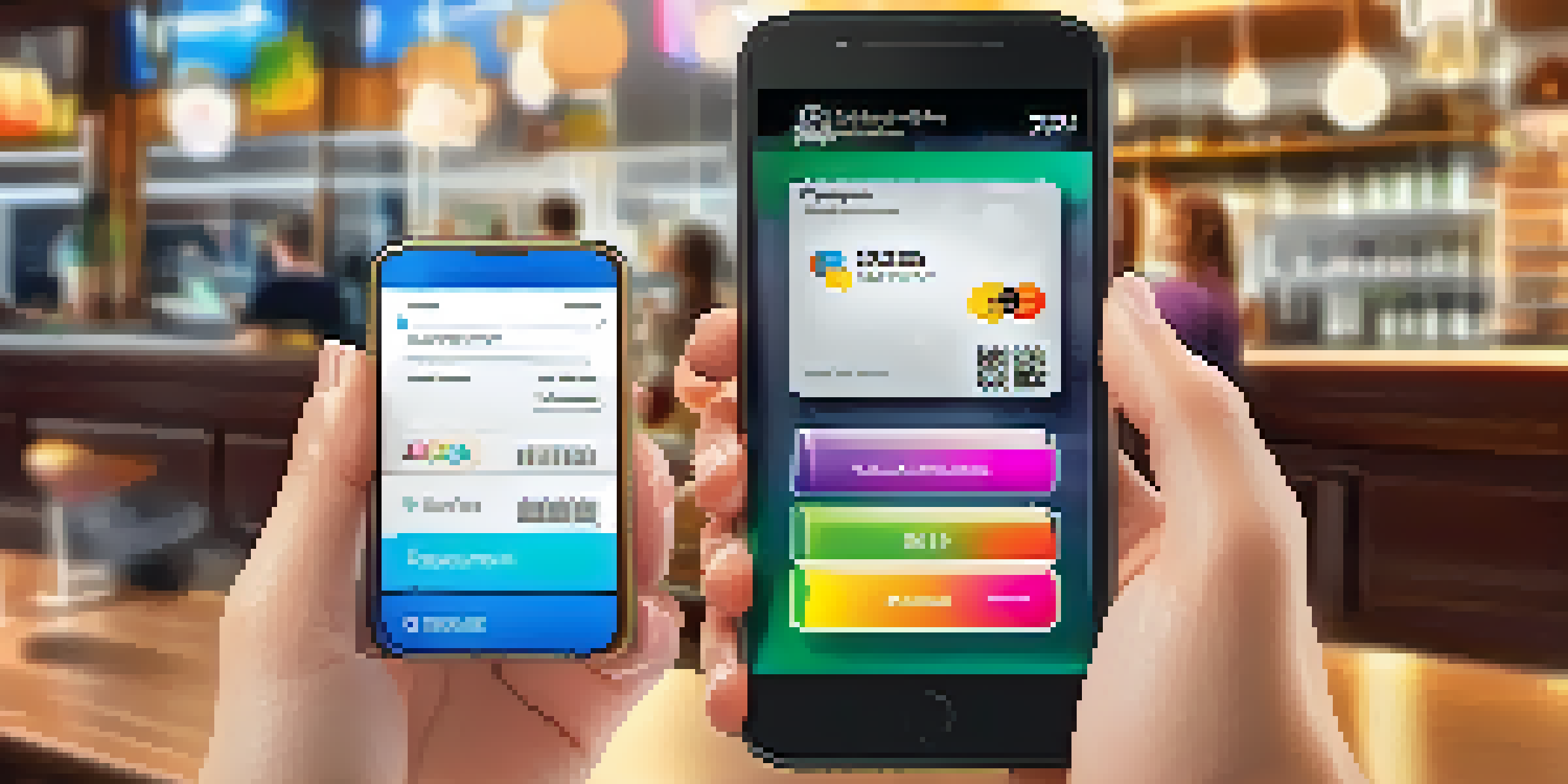 A smartphone screen showing a mobile payment app in a vibrant café environment.