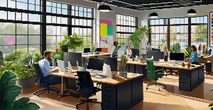 A diverse team of professionals working together in a bright office space with laptops and sticky notes, surrounded by plants and artwork.