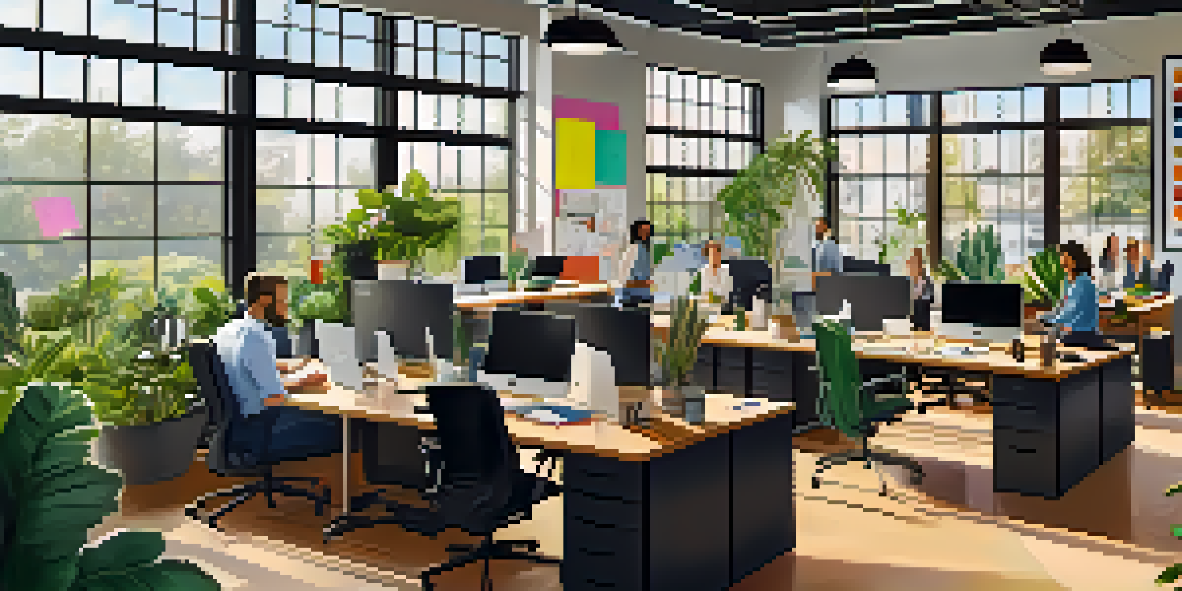 A diverse team of professionals working together in a bright office space with laptops and sticky notes, surrounded by plants and artwork.
