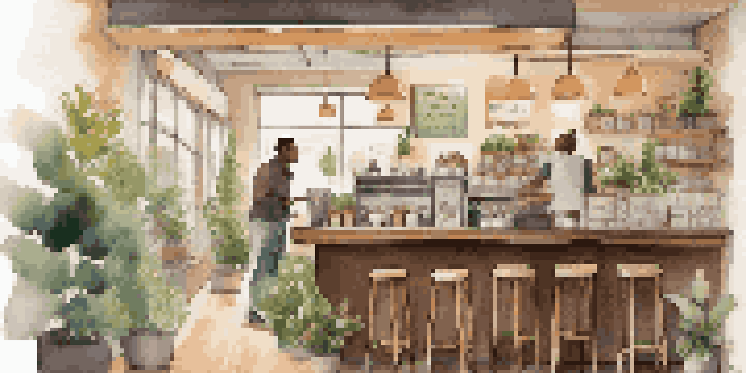 A modern coffee shop interior with a barista making a latte, surrounded by plants and wooden furniture, and customers chatting at tables.