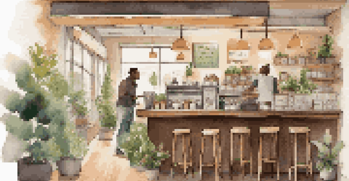 A modern coffee shop interior with a barista making a latte, surrounded by plants and wooden furniture, and customers chatting at tables.