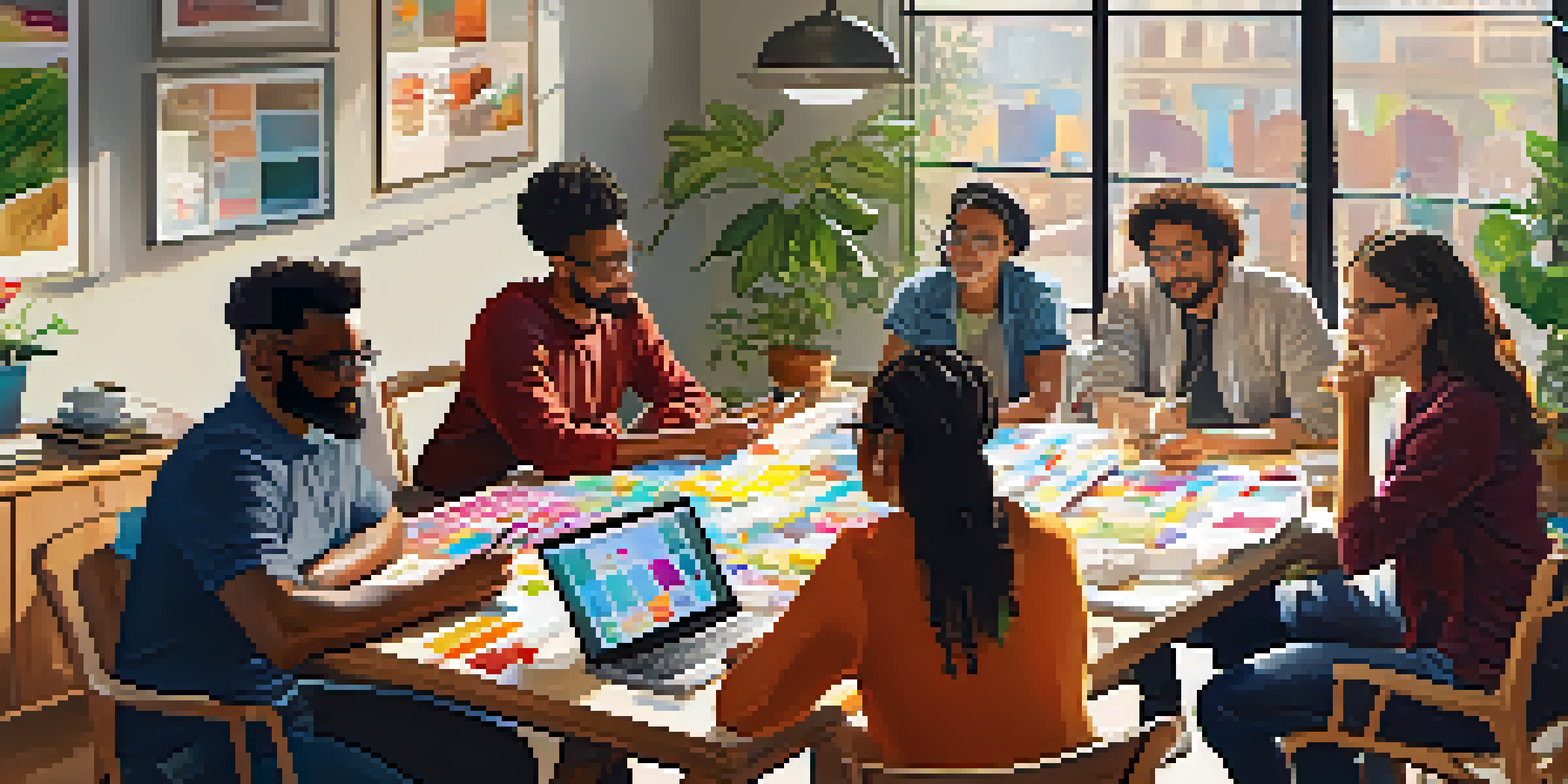 A diverse group of people collaborating at a table, surrounded by charts and laptops, in a bright and welcoming environment.