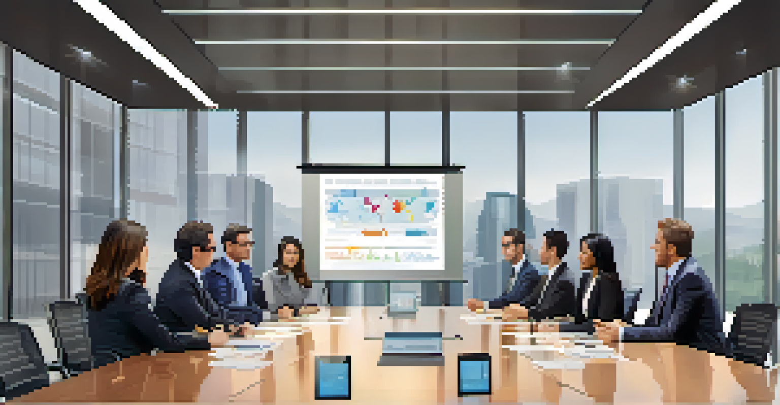 An executive team of diverse leaders in a modern boardroom discussing data privacy initiatives, with a digital screen showing metrics.