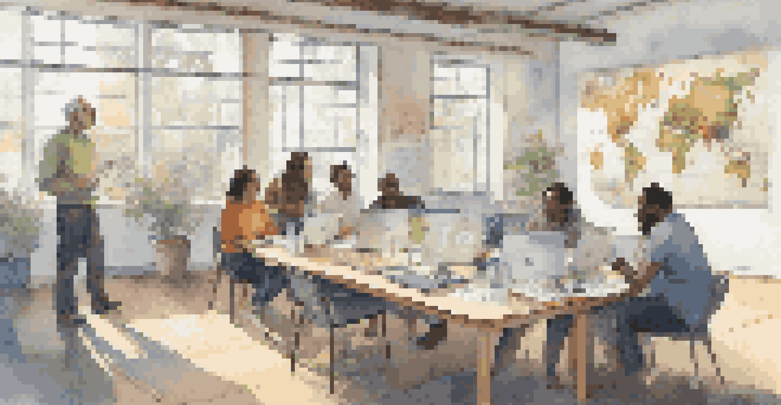 A group of researchers analyzing data in a community center, surrounded by local art and a large map.