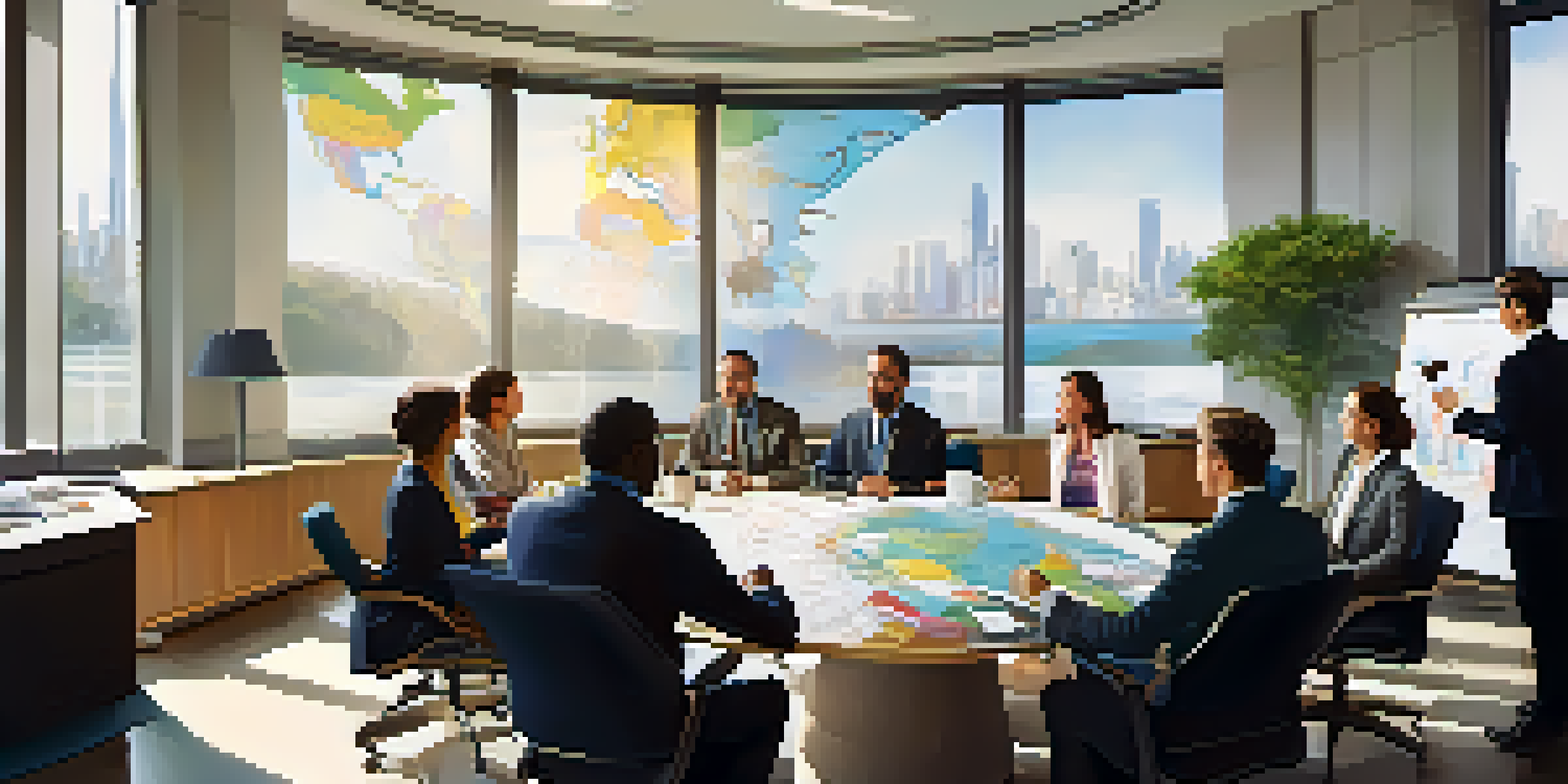 A diverse group of professionals in a bright office meeting room, discussing risk management strategies with a world map on display.
