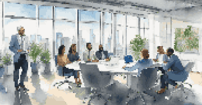 A diverse group of business professionals in a modern office discussing around a large conference table with a city skyline view.