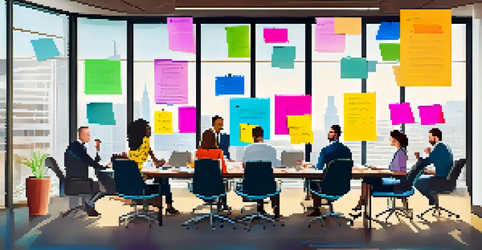 A diverse group of professionals in a bright office setting, collaborating on sales goals with charts and post-it notes around them.