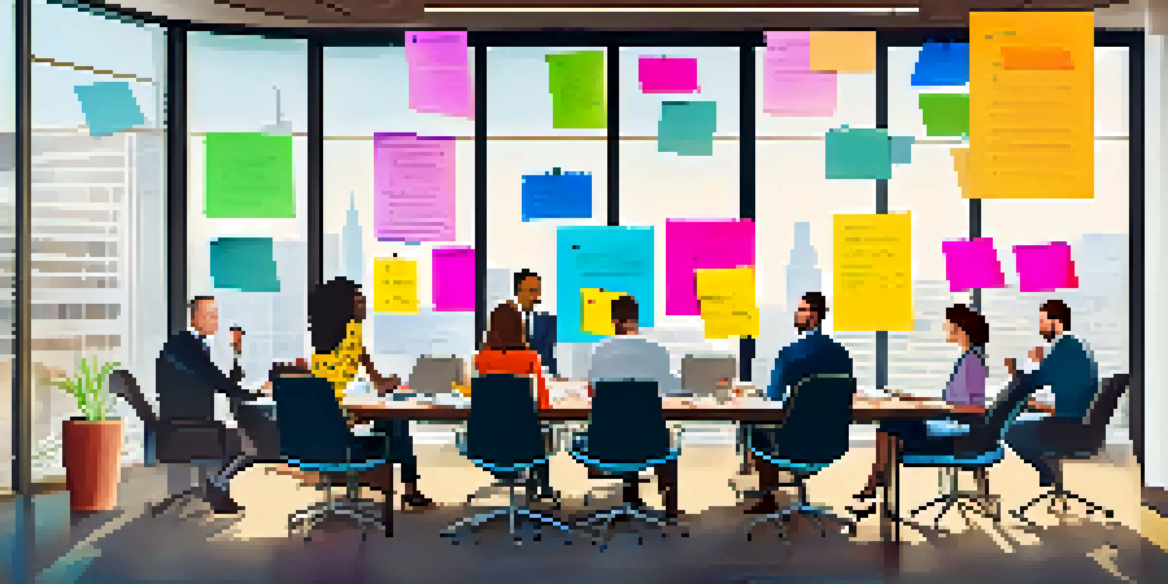 A diverse group of professionals in a bright office setting, collaborating on sales goals with charts and post-it notes around them.