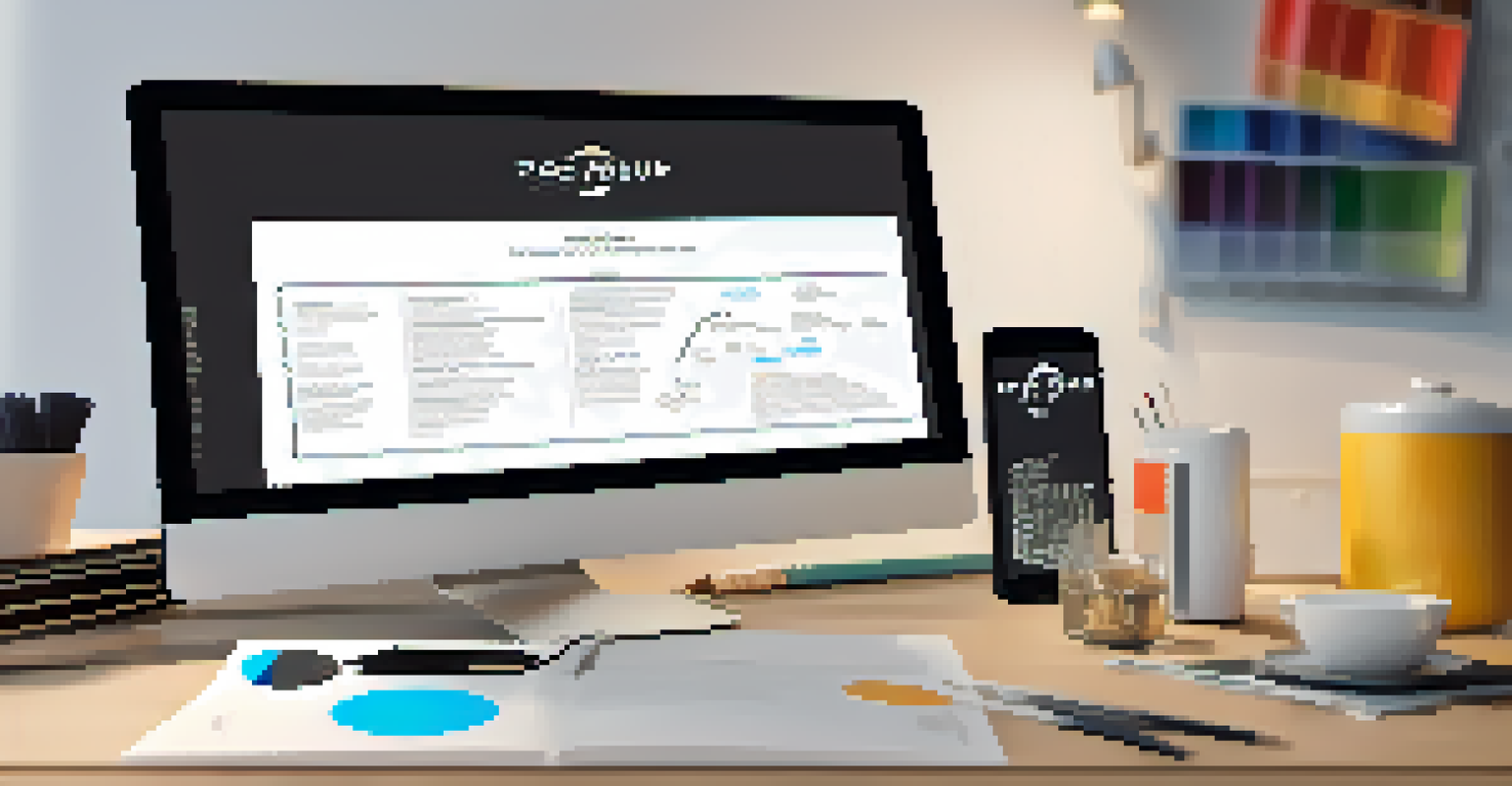 A stylish desk featuring an open style guide with brand logos, color palettes, and typography samples, accompanied by a modern lamp and a coffee cup.