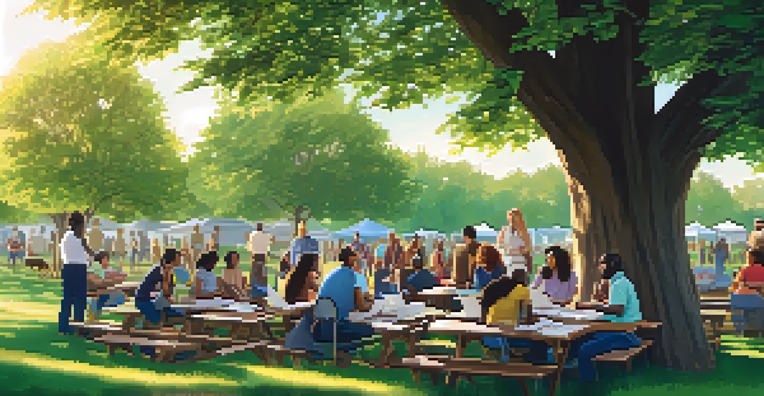 A diverse group of people engaged in a community meeting in a park during sunset.